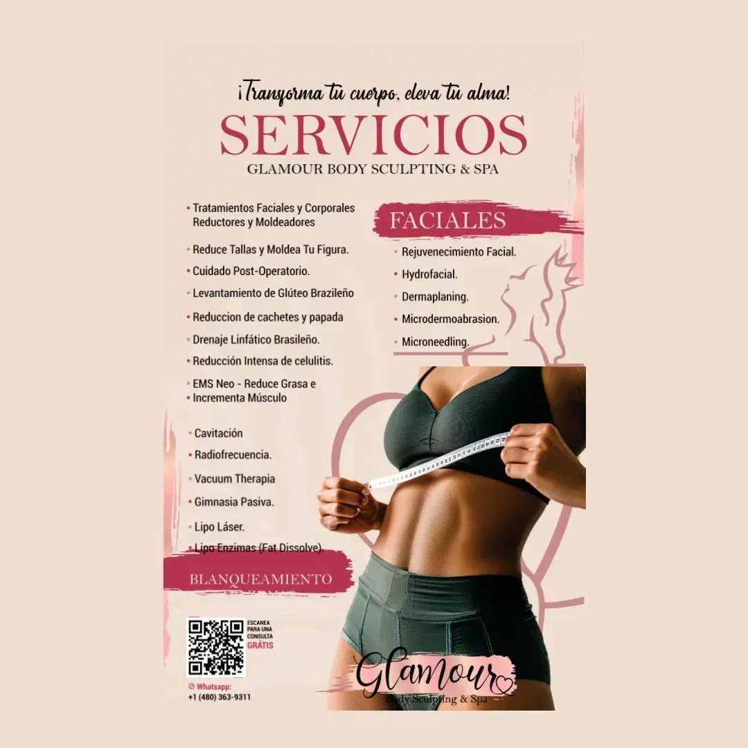 Advertisement for Glamour Body Sculpting & Spa services. A woman measures her waist, with services list.