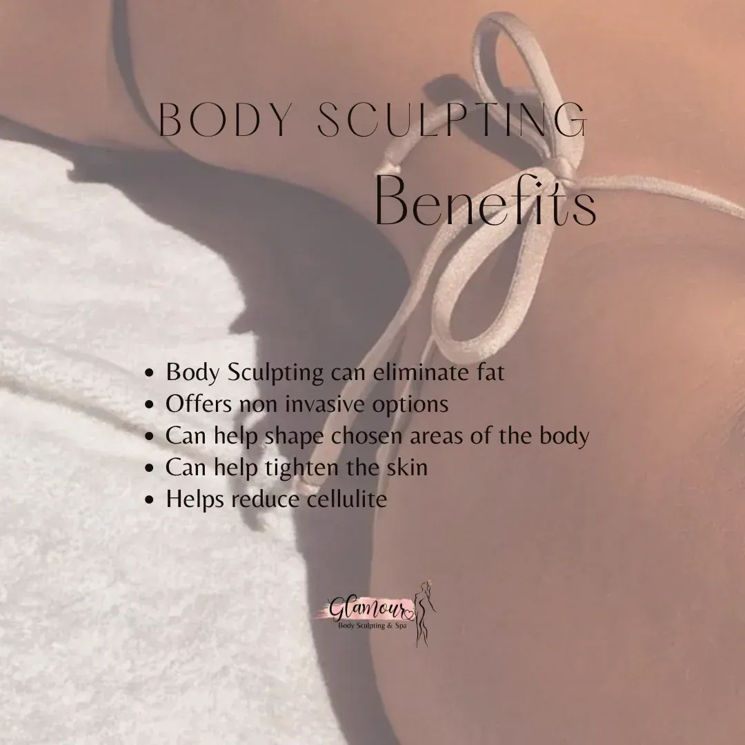 Body sculpting benefits listed on a beige background with a woman’s torso, white bikini.