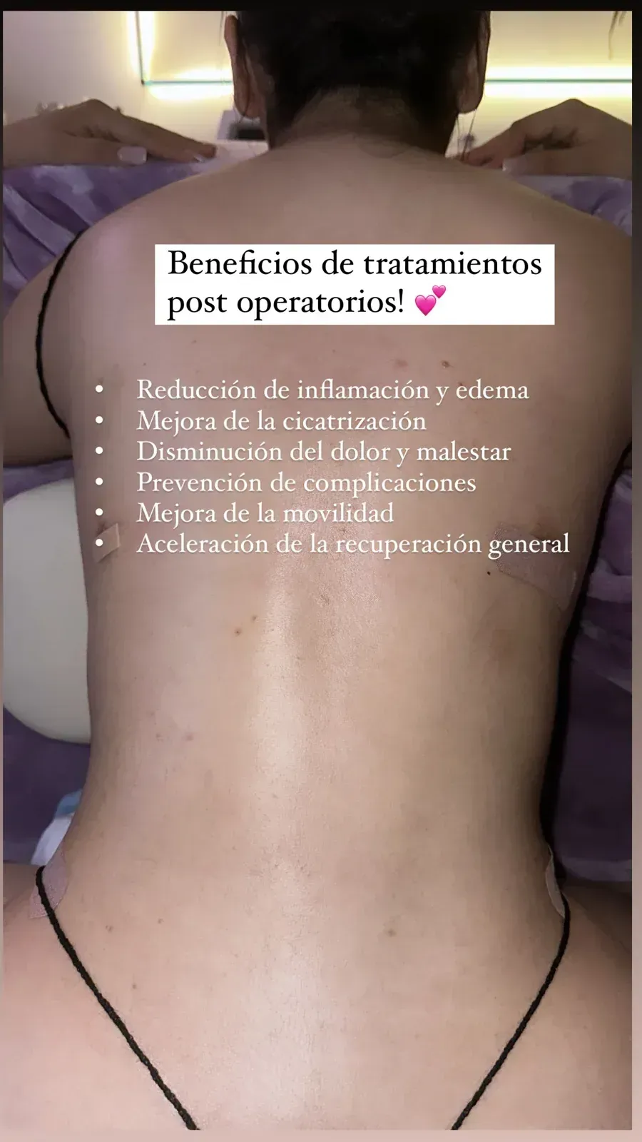 Back of a person receiving post-operative treatment. Text lists benefits, including reduced swelling and pain relief.