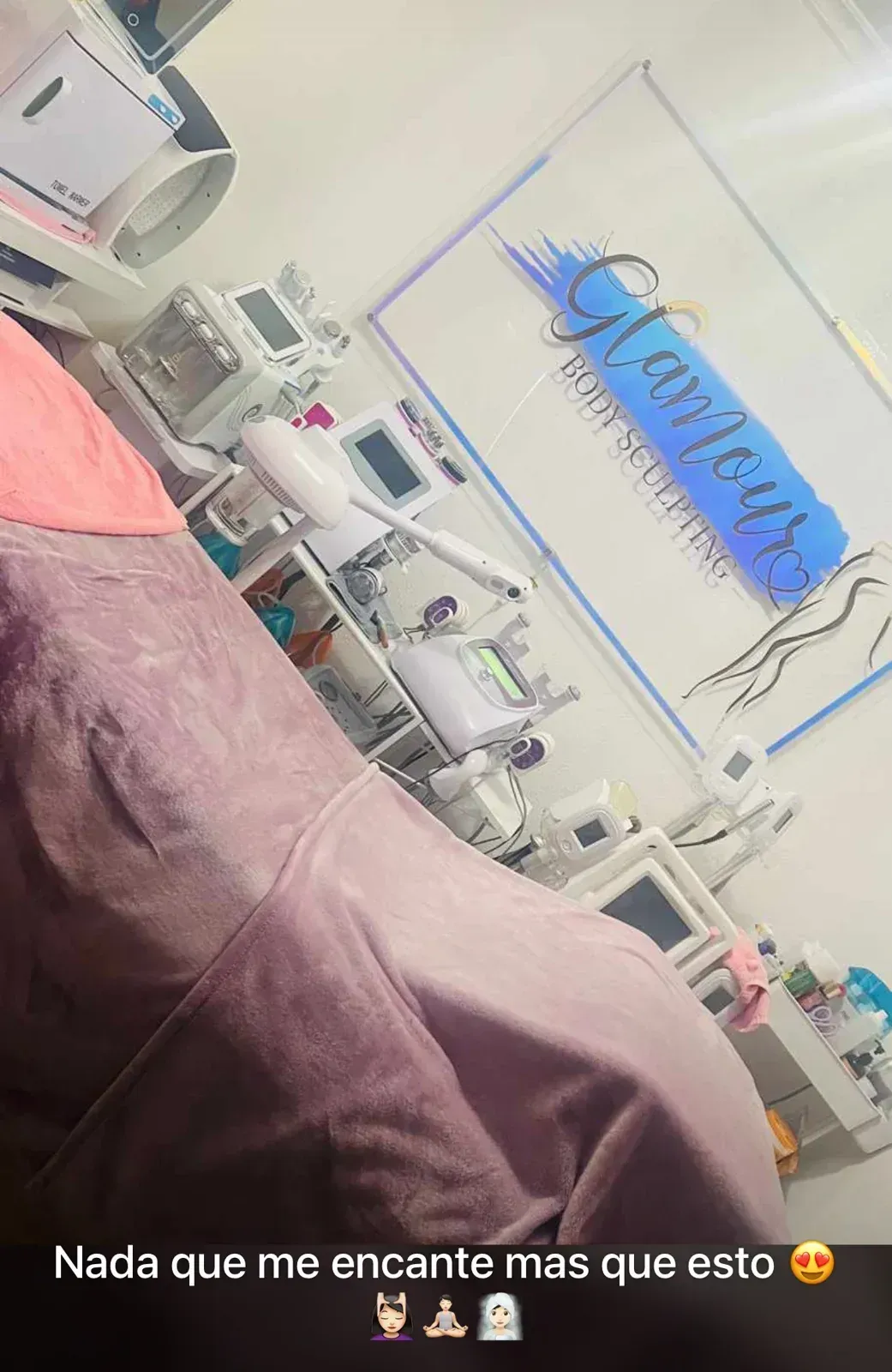 A beauty salon with equipment and a treatment bed. Text reads 