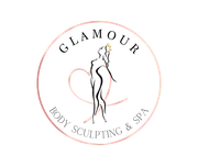 Logo for Glamour Body Sculpting & Spa with an outline of a woman inside a pink circle.