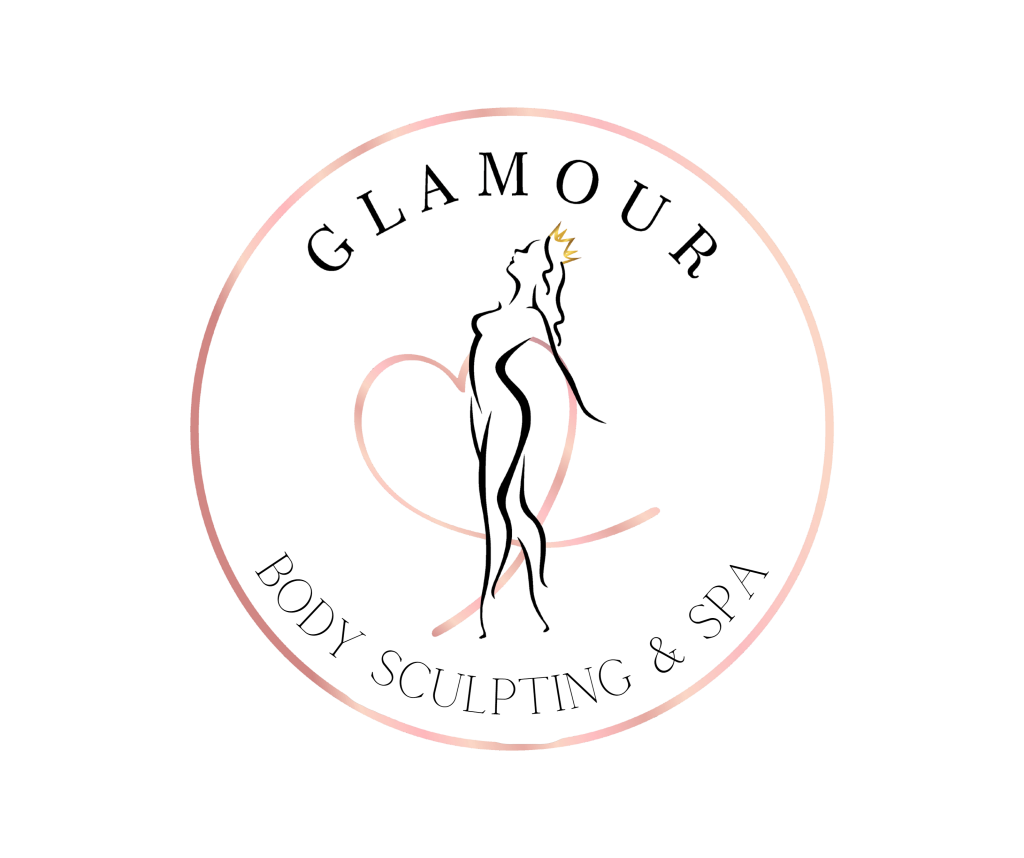 Logo for Glamour Body Sculpting & Spa with an outline of a woman inside a pink circle.