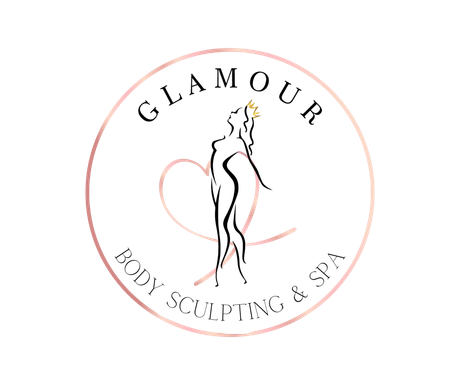 Logo for Glamour Body Sculpting & Spa with an outline of a woman inside a pink circle.