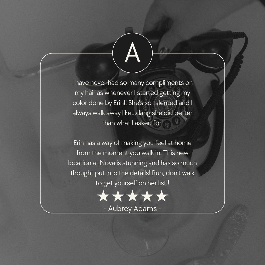 Black-and-white image of a vintage telephone with a testimonial overlay praising a hair salon.