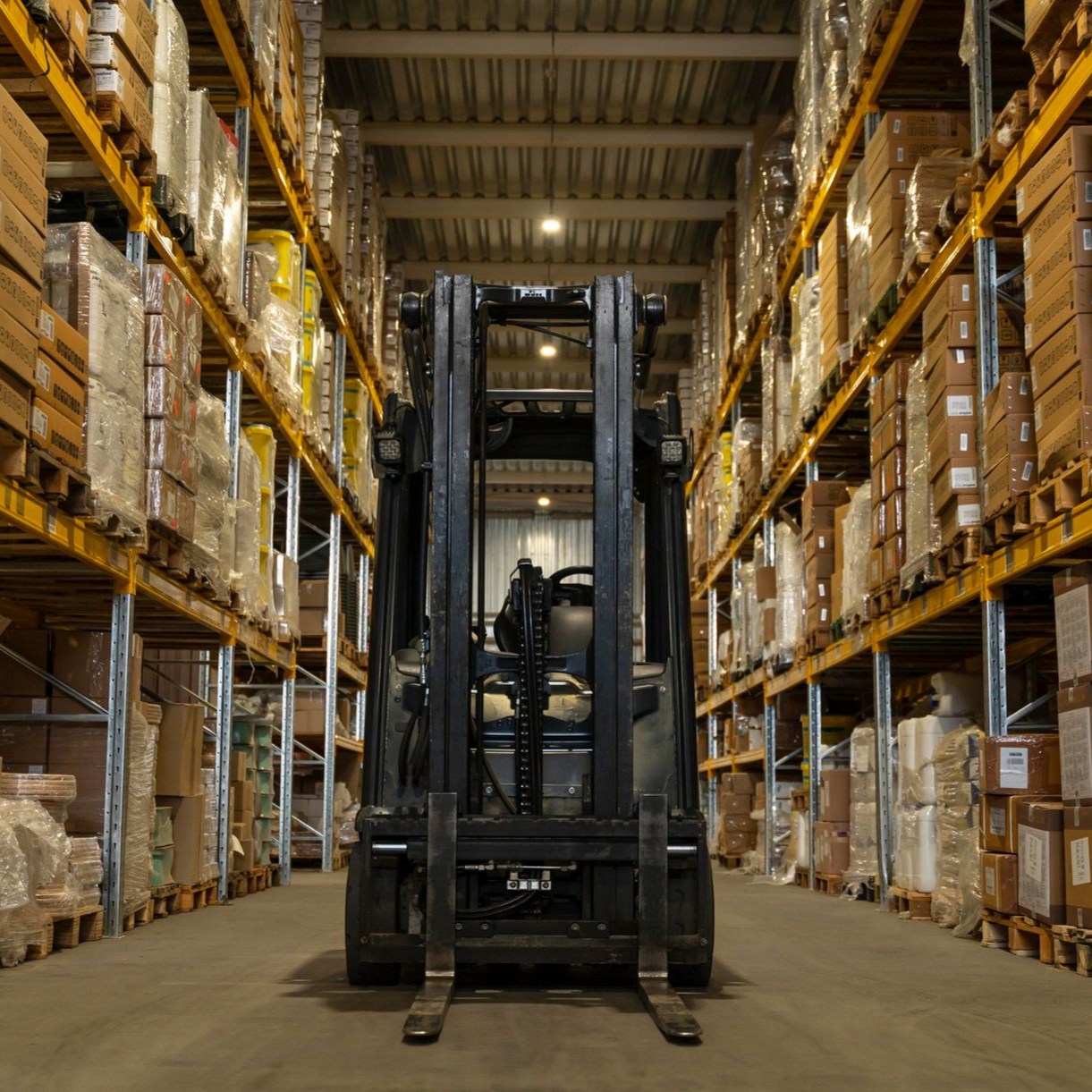 A black forklift centered in a narrow warehouse aisle flanked by tall, brown-boxed storage racks reaching the ceiling.