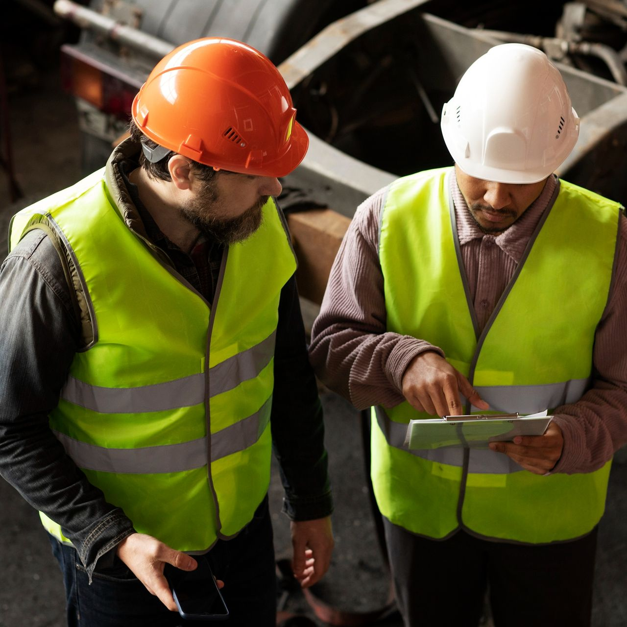 Two workers in neon vests and hard hats review a document together in a warehouse setting.