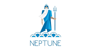 A blue logo of Neptune standing on stylized waves, holding a trident, with the word 