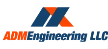 Logo for ADM Engineering LLC featuring stylized blue and orange geometric shapes above the company name.