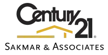 Logo for Century 21 Sakmar & Associates, featuring the black company name with a gold stylized roof icon above text.