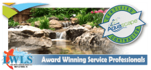 A professional logo and photo banner showing a rock waterfall pond with a Certified Aquascape Contractor seal.