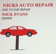 Business card for Nick's Auto Repair, featuring the text 