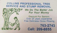 Business card for Collins Professional Tree Service and Stump Removal, listing contact numbers and services.