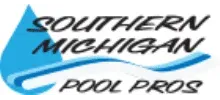 Logo for Southern Michigan Pool Pros featuring a blue water droplet icon and wavy line over bold black text.