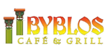 Logo for Byblos Café & Grill featuring two stylized green columns next to bold, yellow-to-orange gradient text.