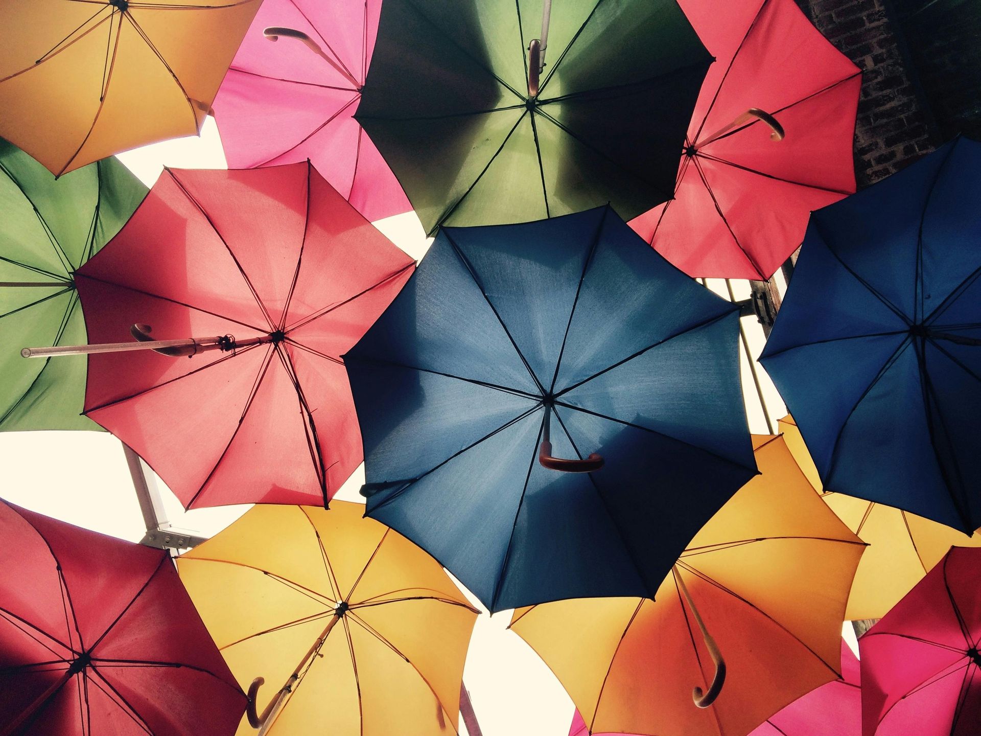 A low-angle view of many colorful umbrellas suspended in the air, creating a vibrant, canopy-like display.