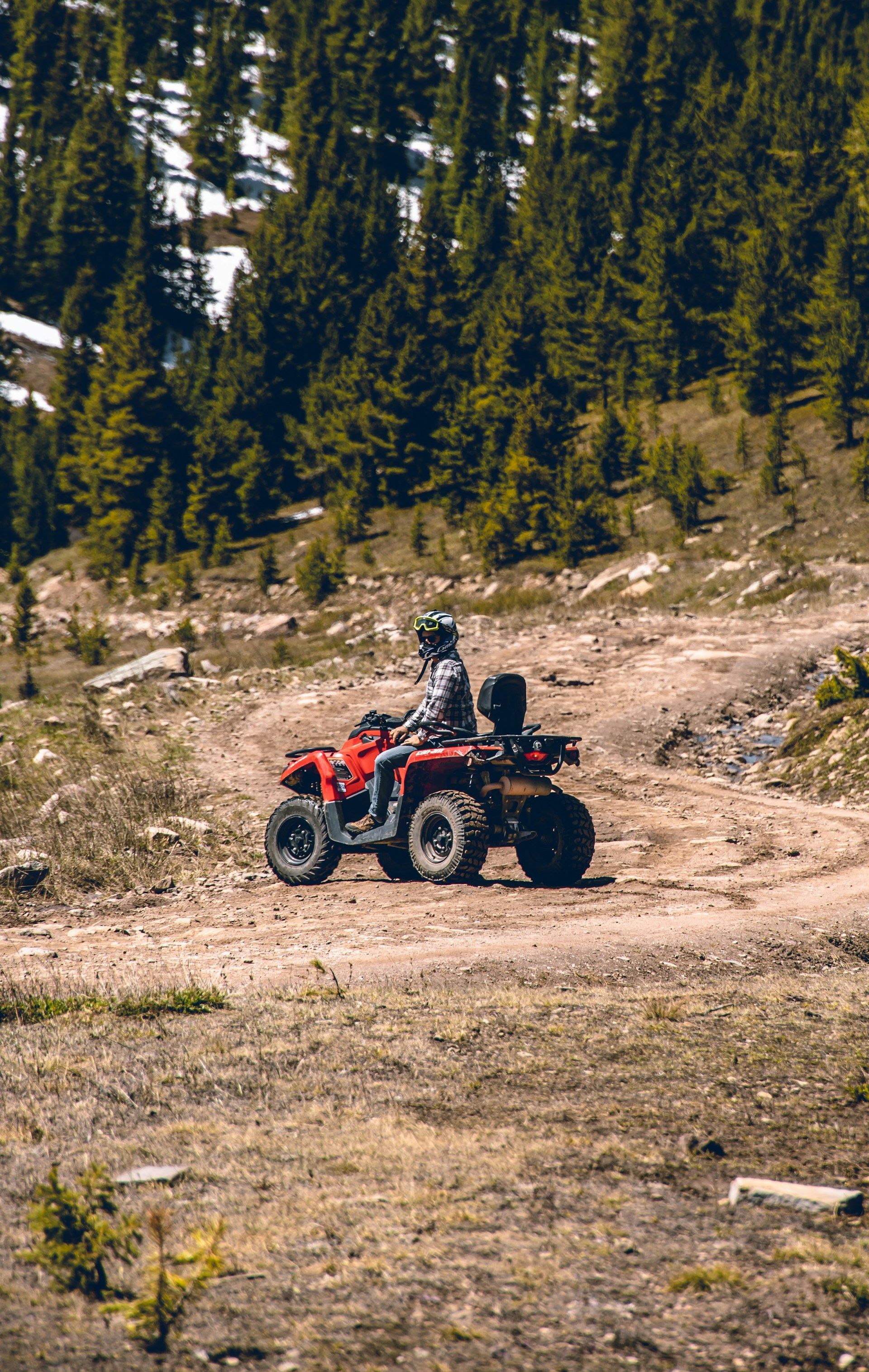 A person wearing a helmet rides a red ATV on a rugged dirt trail against a backdrop of pine trees and snow-dusted mountains.