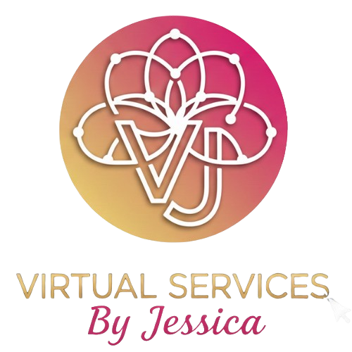 Logo: White stylized "VJ" within a pink and yellow circle, with floral design above and "Virtual Services By Jessica" below.