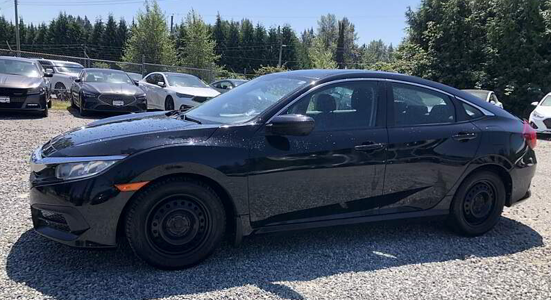 Black Honda Civic parked on gravel lot. Other cars and trees in the background under blue sky.