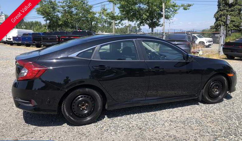 Black Honda Civic parked outside a dealership. Steel wheels, sunny day, red text overlay.