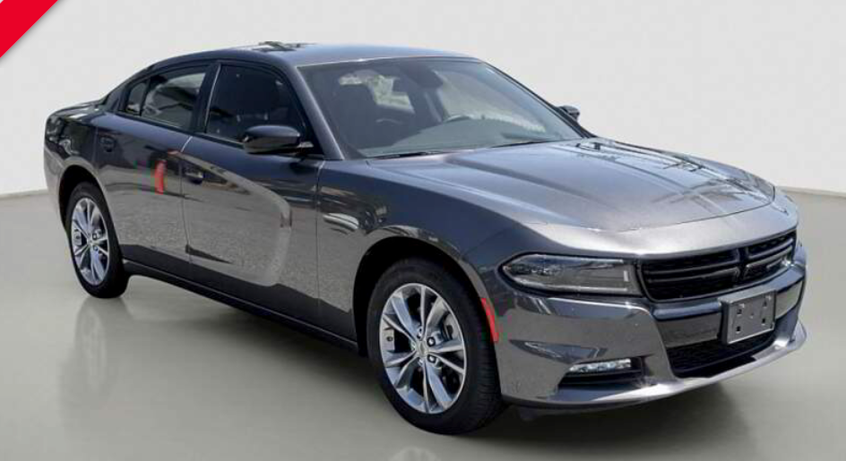 Gray Dodge Charger sedan, parked on a light gray surface, with chrome wheels.
