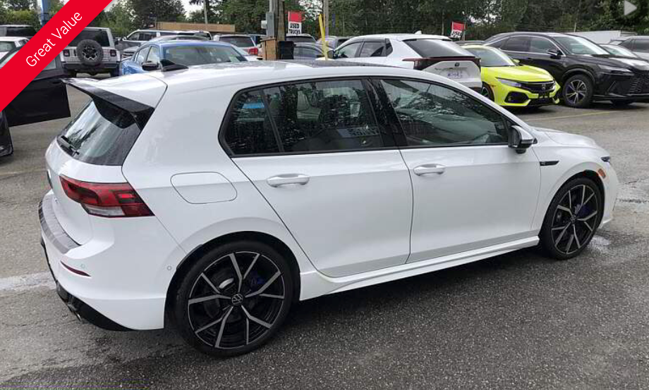 White hatchback car with black wheels parked outside on a cloudy day.