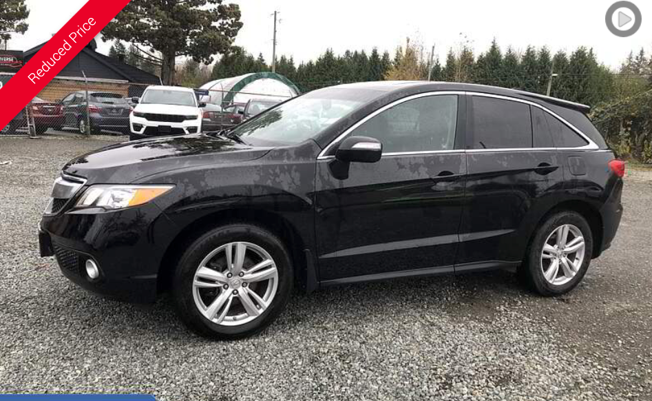 Black Acura RDX SUV parked on gravel in front of a building; overcast day.