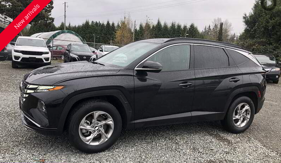 Black Hyundai Tucson SUV parked outdoors on a cloudy day.