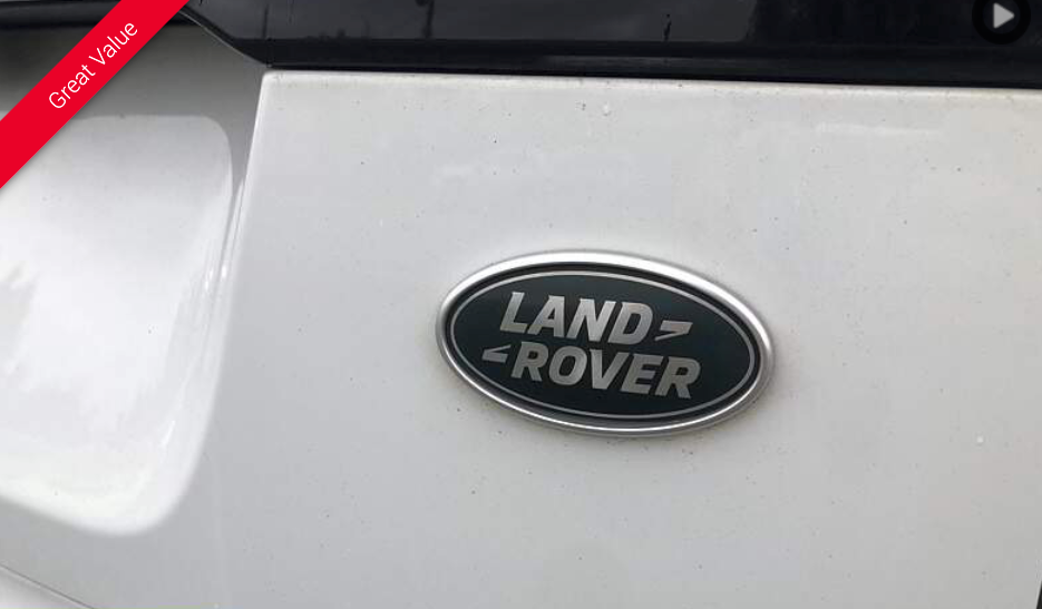 Land Rover emblem on a white vehicle surface. Black oval with silver lettering.