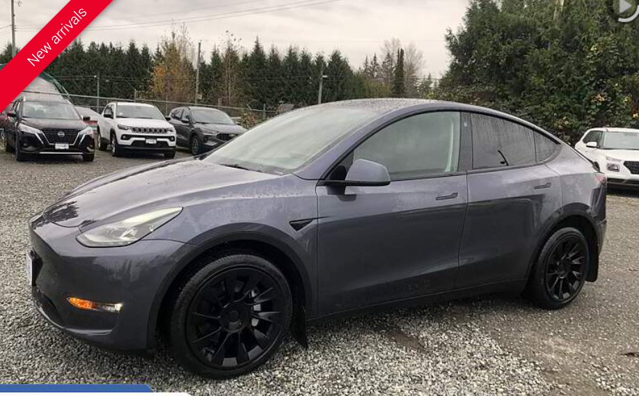 Gray Tesla Model Y parked on gravel; other cars in background.