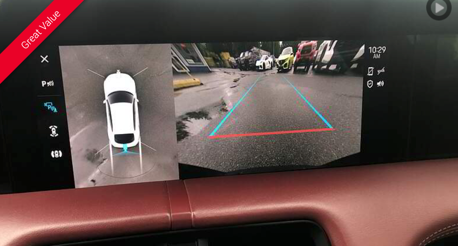 Car's rearview camera display: bird's-eye and rear views showing parking guidance lines, exterior.