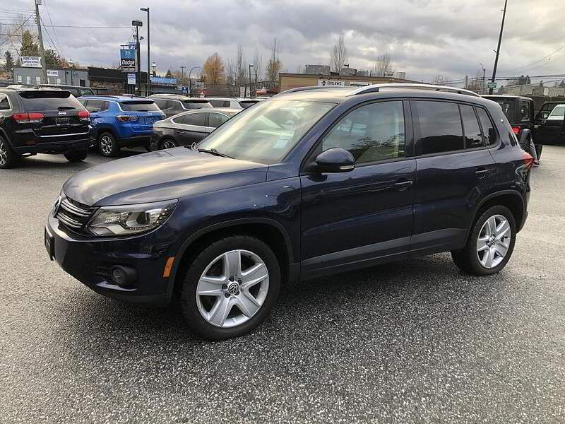Blue Volkswagen Tiguan SUV parked in a car lot with other vehicles on an overcast day.