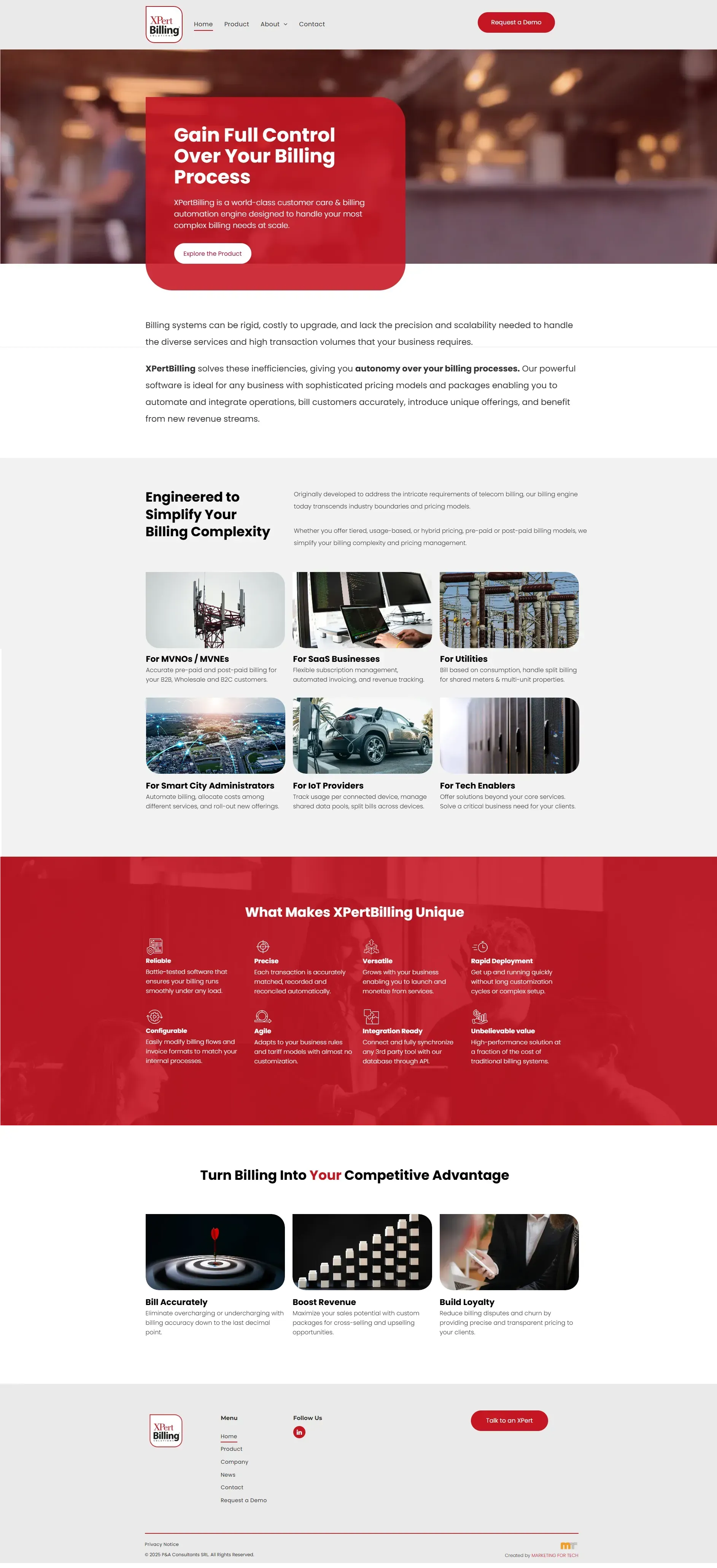 Website homepage with red accents. Sections include a hero image, article thumbnails, and contact information.