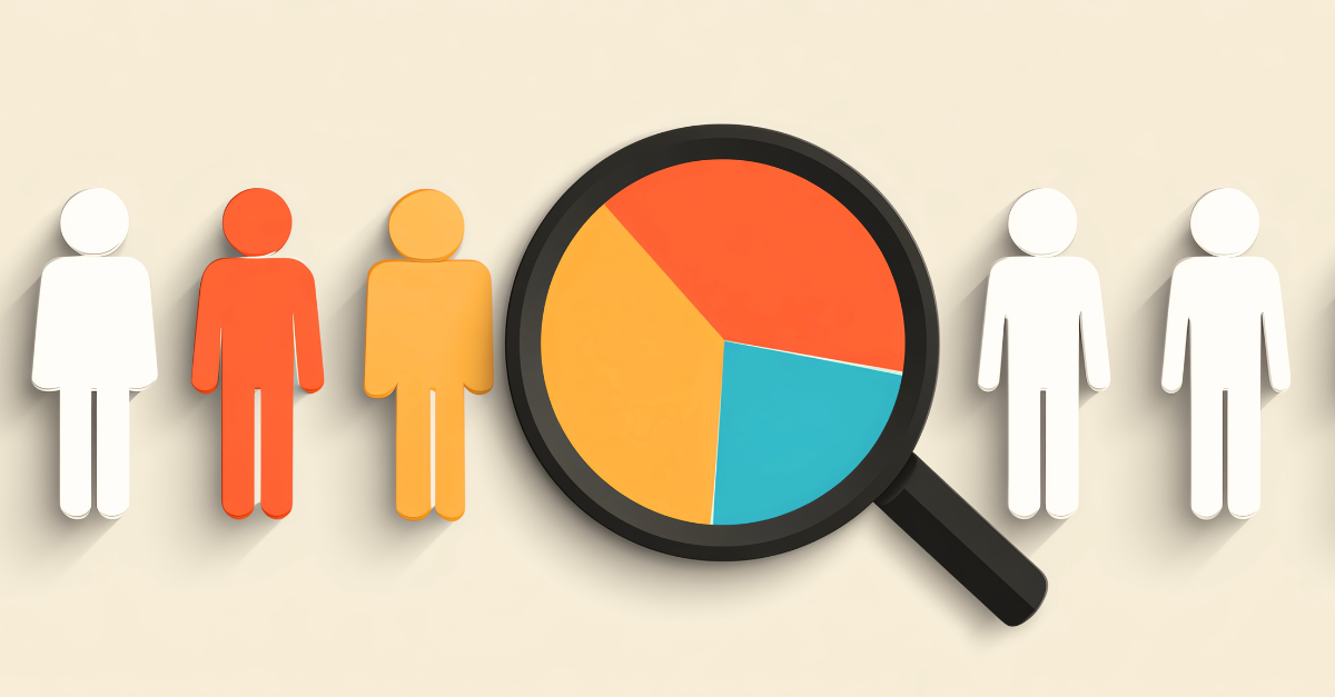 People icons with a magnifying glass over a pie chart, orange, yellow, and blue segments.