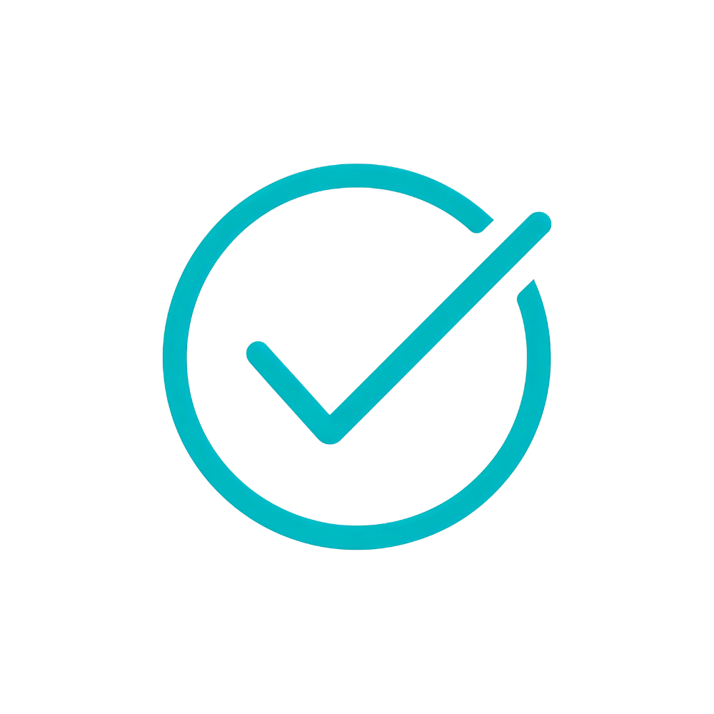 Teal checkmark inside a teal circle, indicating completion or approval.