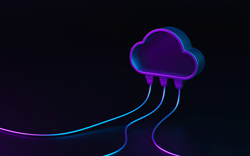 Neon purple cloud icon with connected lines, symbolizing cloud computing on dark background.