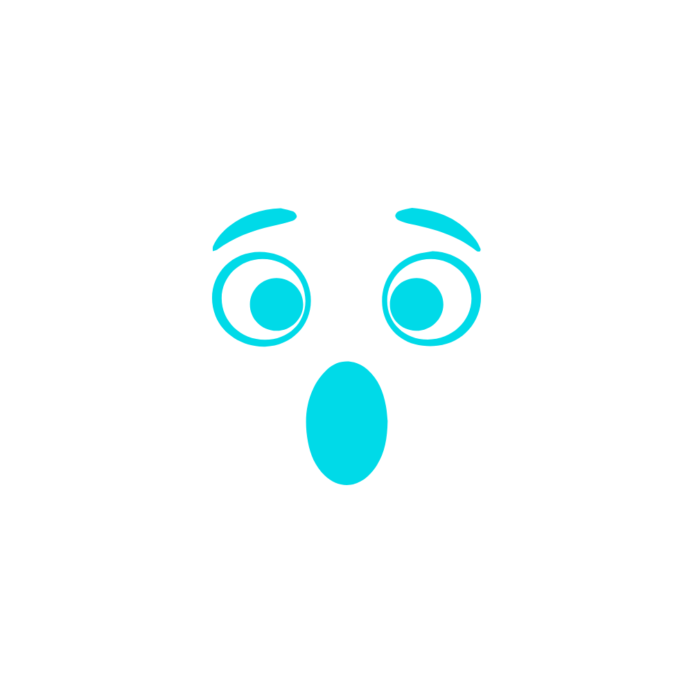 Turquoise surprised face with wide eyes and open mouth.