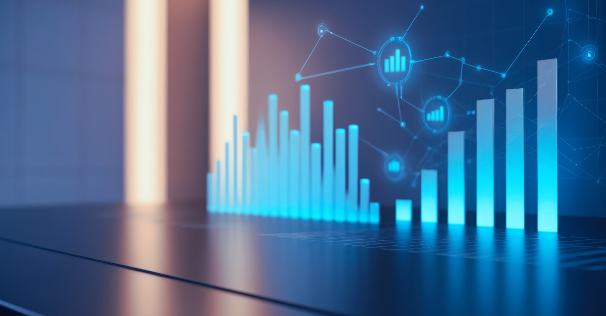 Blue glowing bar graph and connected data points on a dark surface, in a modern setting.