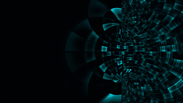 Abstract teal fractal design on a black background, with radial and square patterns.