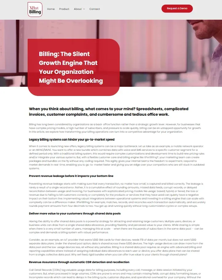 Website screenshot with the title: Billing: The Silent Growth Engine That Your Organization Might Be Overlooking.