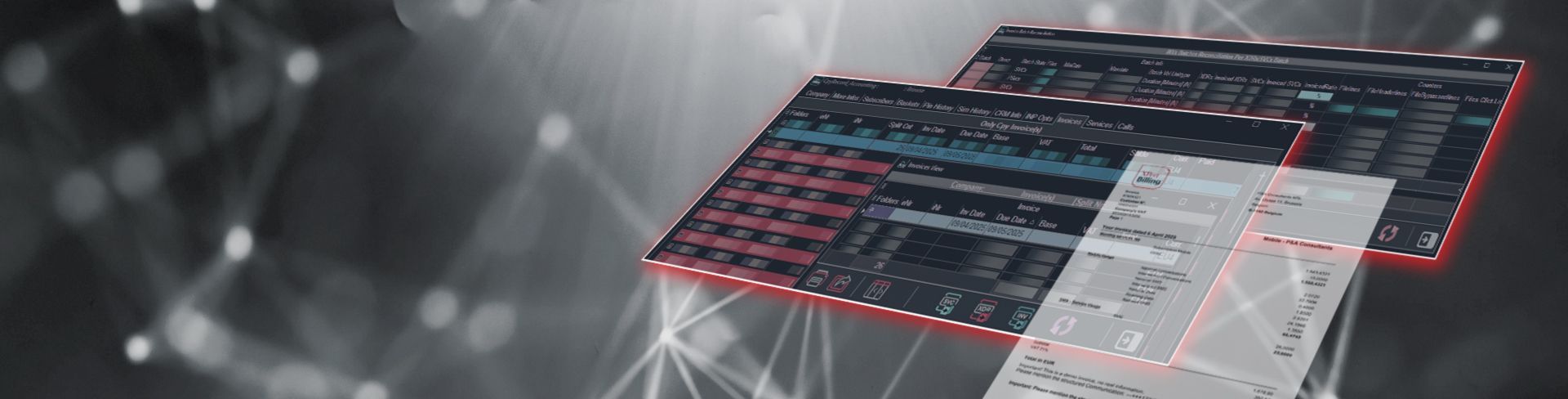Abstract image of layered data tables with a network background.
