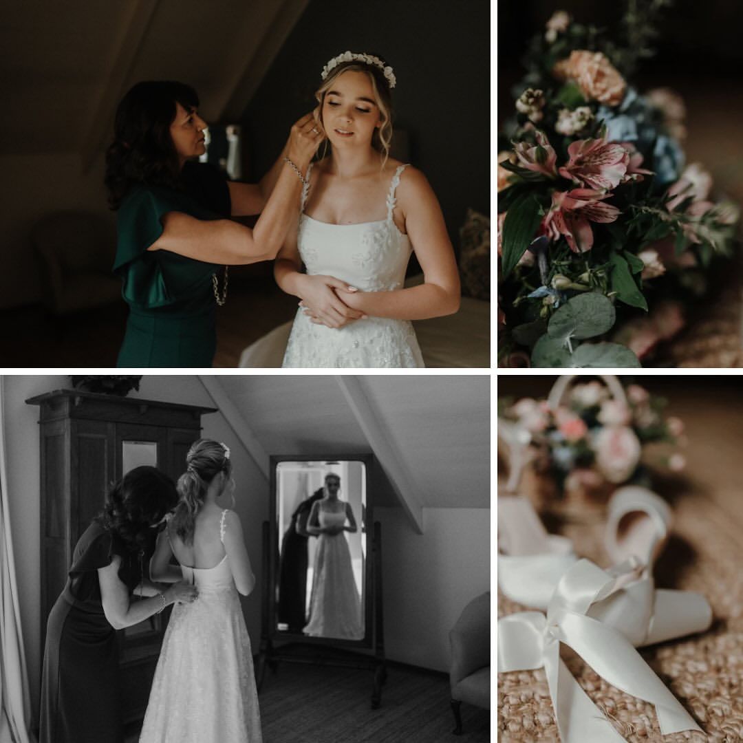 A woman in a white dress is getting ready for her wedding
