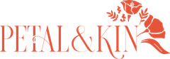 The logo for petal & kin shows a hand holding a rose.