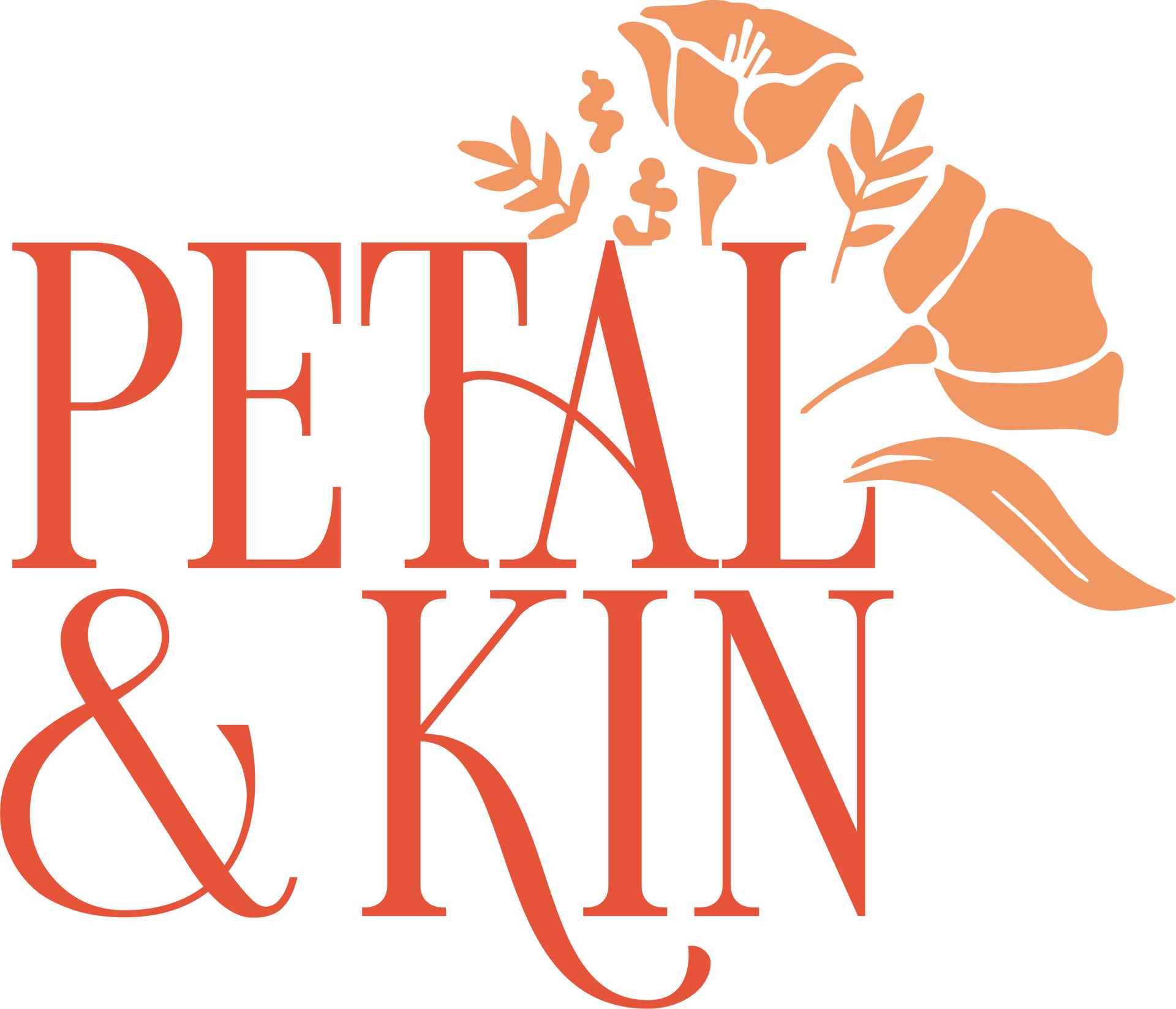 The logo for petal & kin shows a hand holding a flower.