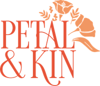 The logo for petal & kin shows a hand holding a flower.
