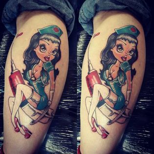 A woman has a tattoo of a nurse with a syringe on her leg.