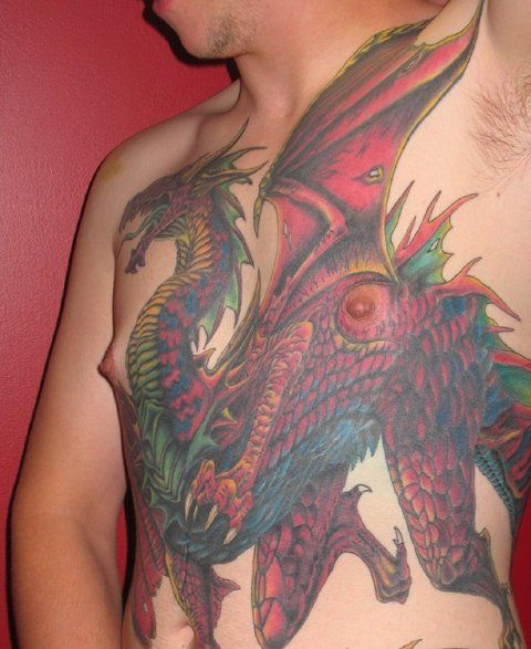 A man has a dragon tattoo on his chest
