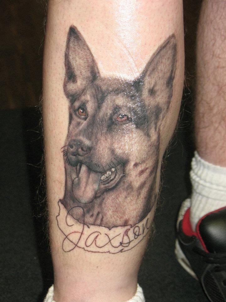A person has a tattoo of a german shepherd on their leg