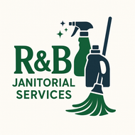 Logo for R&B Janitorial Services with a broom, spray bottle, and cleaning solution in dark green and blue.