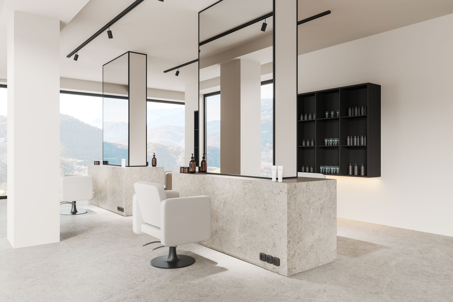 ein Salon mit vielen Stühlen und einer Theke