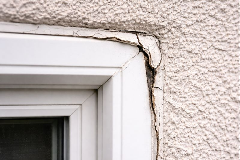 Failed stucco caulking around window allowing moisture intrusion